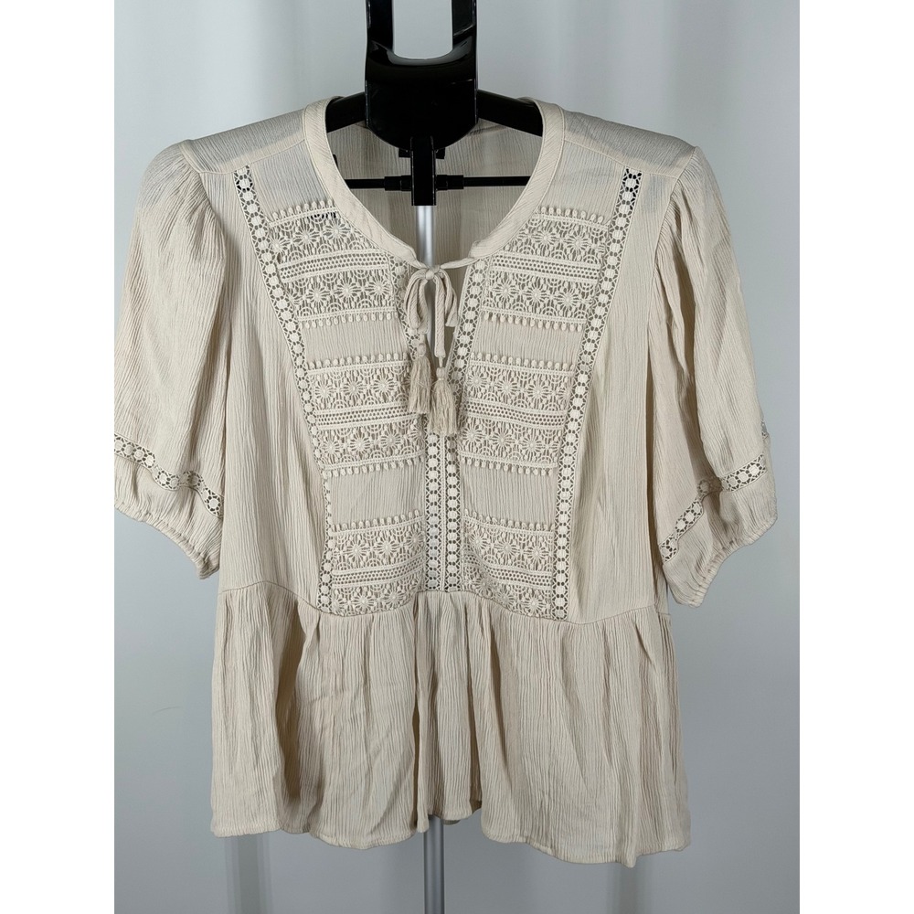 Torrid Women Beige Lace Crochet Gauze Babydoll Tassel Tie Top Plus Size 00 M L